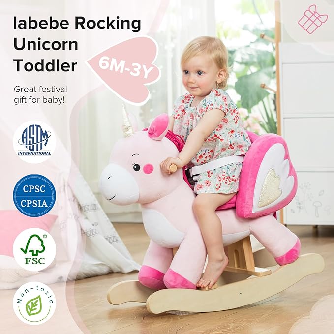 labebe - Baby Rocking Horse, Ride Unicorn, Kid Ride On Toy for 6 Month-3 Year Old, Infant (Boy Girl) Plush Animal Rocker, Toddler/Child Stuffed Ride Toy (Pink)