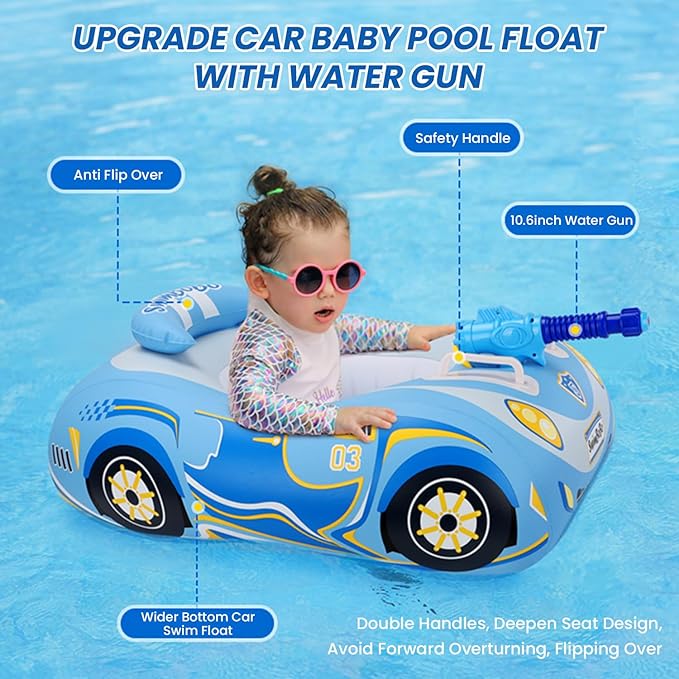 Car Pool Floats for Toddlers 1-3 with Random Water Gun, Inflatable PVC Baby Swimming Float, Toddler Pool Floats Seat Boat, Pool Toys with Handle for Kids Boys Girls Age 2-4, 3-5