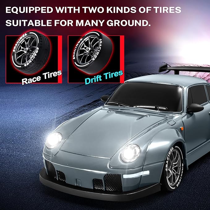 ACAMMZAR RC Drift Car, 1:24 Remote Control Car for Kids, 20KM/H 4WD High Speed RC Cars with LED Lights, Two Batteries, Extra Drifting Tires, Vehicle for Adults Boys Girls