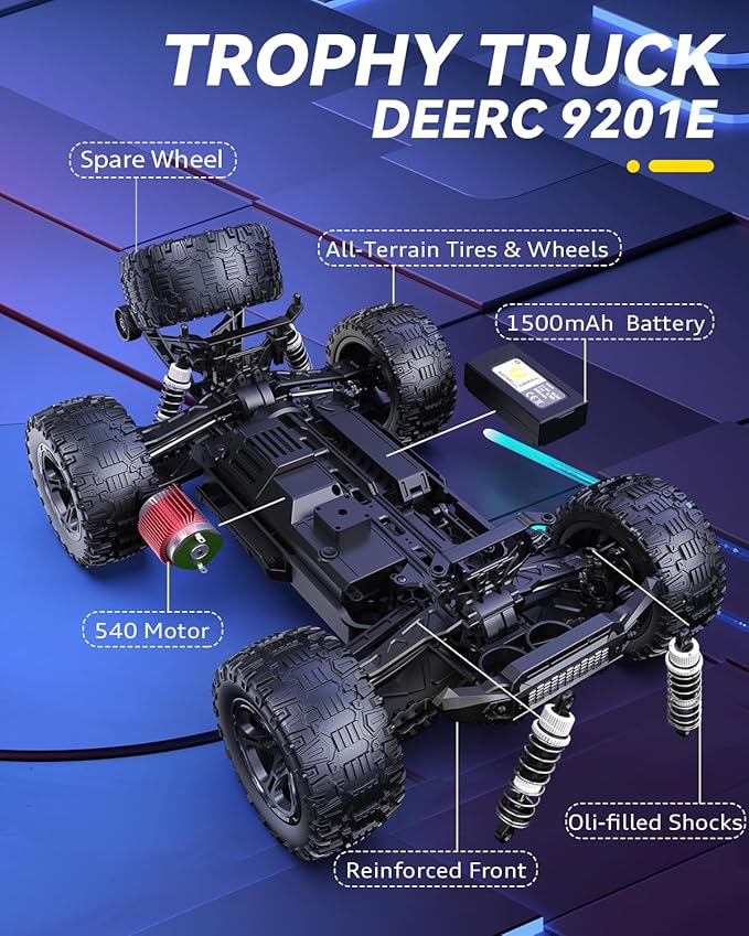 DEERC 9201E 1:10 Large Remote Control Truck with Lights, Fast Short Course RC Car, 48 km/h 4x4 Off-Road Hobby Grade Toy Monster Crawler Electric Vehicle with 2 Rechargeable Batteries for Adult Kid Boy
