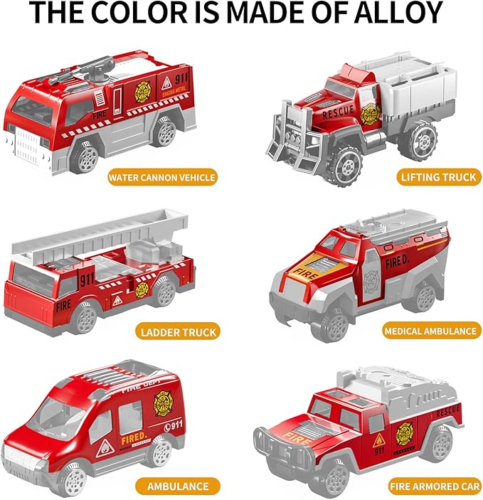 TEMI Fire Truck Toy Set with Play Mat, Carrier Truck for Kids Toddlers, Die-Cast Metal Toy Car Set, Christmas Birthday Gift for Age 3 4 5 6 + Years Old Boys Girls