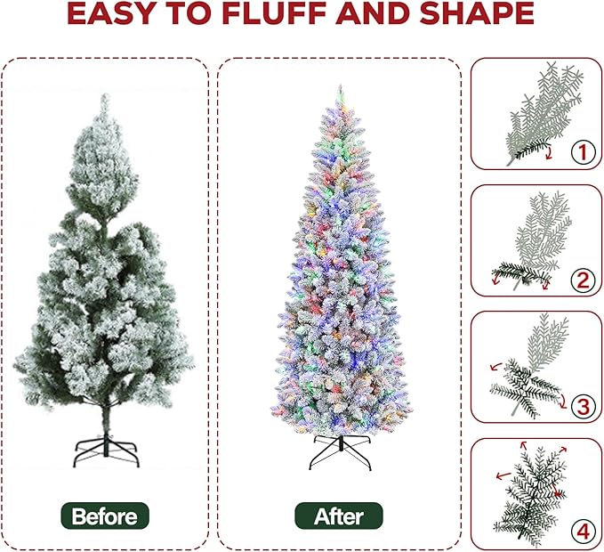 Hykolity 7.5 ft Pencil Prelit Christmas Tree, Artificial Slim Christmas Tree with 300 Multicolor LED Lights, 792 PVC Branch Tips, Metal Stand and Hinged Branches, 10 Modes