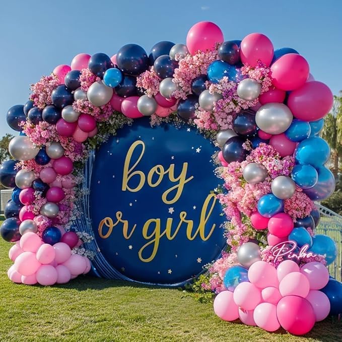 Navy Blue Pink Balloon Garland Double Stuffed Dark Blue Hot Pink Silver Balloons Royal Pastel Balloon Arch Kit for Birthday Gender Reveal Baby Shower Graduation Hawaii Party Decorations