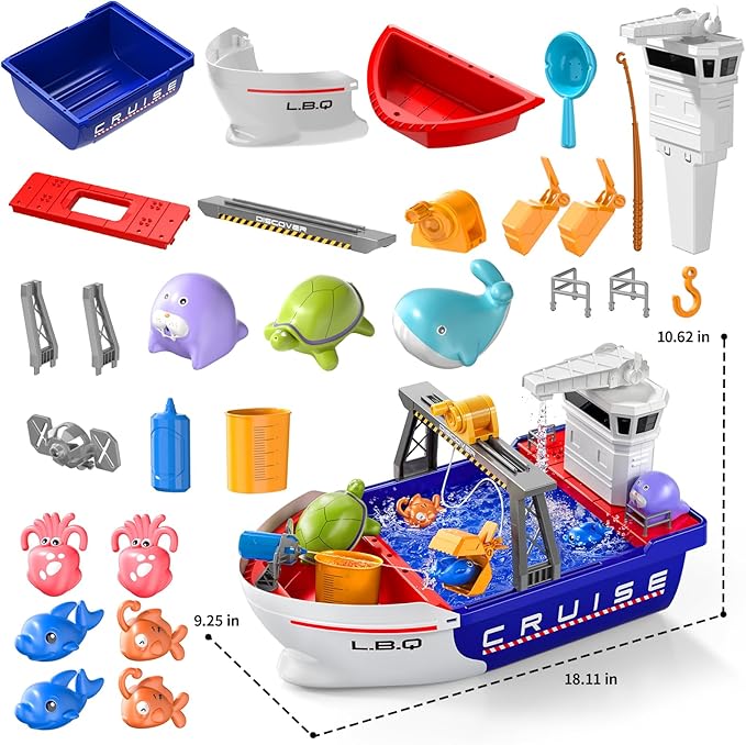 Ship Toys Water Tables for Kids Ages 2 3 4 5 6 - Electrical Play Boat for Toddlers 3-5, Fishing Game with 6 Fishes, Summer Water Sand Playset, Pool Beach Bath Toys, Gifts for Boys Girls 4-7
