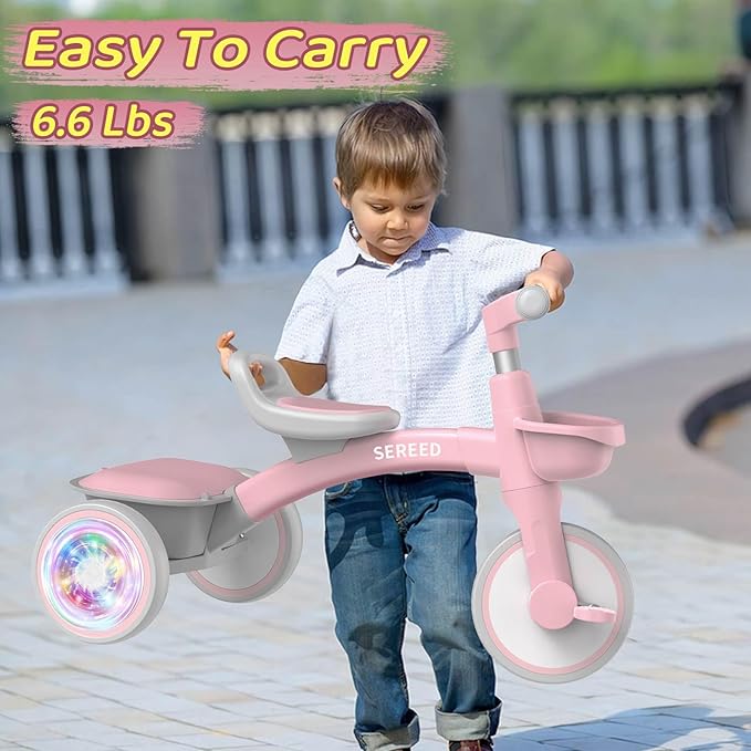 SEREED Colorful Lighting Toddler Tricycle for 2-5 Years Old Girls, Adjustable Seat&Handlebar Trike, Removable Basket, Birthday Gift Idea for Kids Ages 2+ (Pink)
