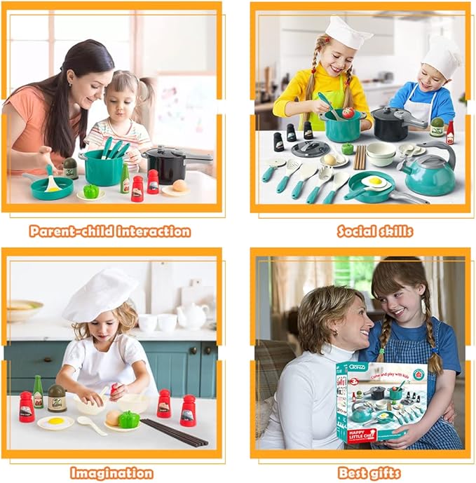 Bruvoalon 32Pcs Kids Play Kitchen Toys Set, Toddlers Pretend Cooking Playset Acccessories with Pots Pans, Utensils Cookware, Foods, Canned Veges, Learning Gift for Kids Girls Boys (Green)