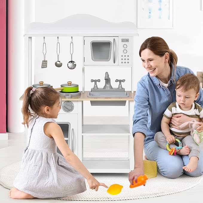 Costzon Kids Kitchen Playset, Wooden Pretend Toy Kitchen Set with Sink, Oven, Microwave, Stove, Pots, Utensils, Play Kitchen for Kids Toddlers, Gift for Boys Girls