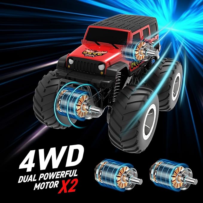 1/16 Remote Control Monster Truck : 4x4 Off Road Waterproof Rc Jeep Combines Amphibious and All Terrain Traversal, Birthday Gift for Boys & Girl Ages 6-12 (Red SUV)