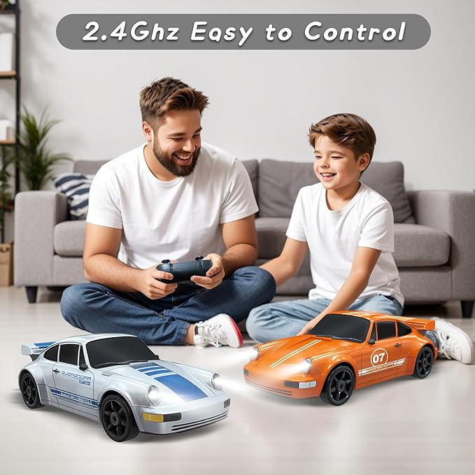 Remote Control RC Car for Boys - 1/24 2.4GHz 4WD Racing Drift Car With Lights, Rechargeable Battery, and Drift Tires - Silver Hobby Toy for Kids, Xmas Gift