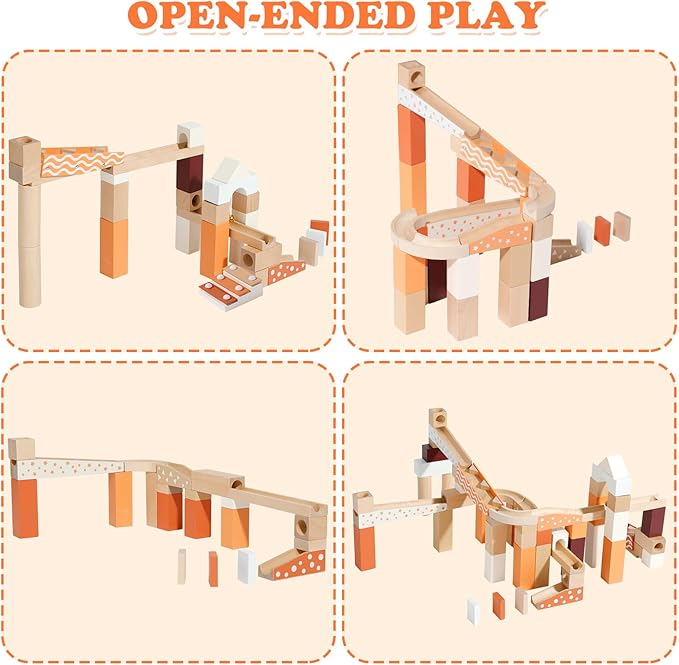 Wooden Marble Runway Blocks for Ages 3+, 60 Wooden Blocks Toys and Construction Playset, Natural Marble Track Maze Game STEM Learning Toys Boys Girls Gift (Set of 60)