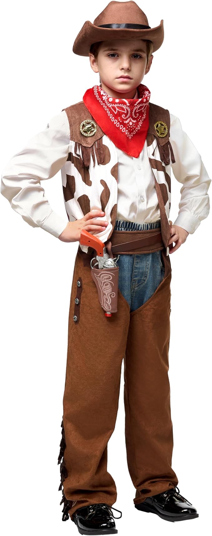 Spooktacular Creations Halloween Cowboy Costume for Boys, Kids White Brown Western Costume, Deluxe Cowboy Outfit Set with Hat for Toddler Halloween Dress-up, RolePlay Themed Party (3T, 3-4 yrs)