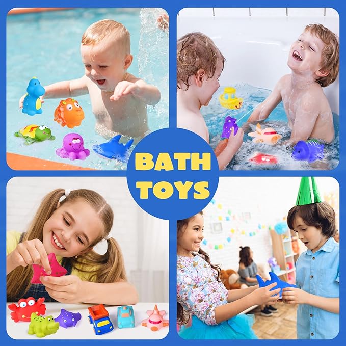 FUN LITTLE TOYS 24 Pcs Bath Toys for Toddlers, Sea Animals & Cars Squirter Water Toys,Bathtub Toys with Storage Bag, Baby Bath Toys, Toddler Pool Toys for Kids Party Favors Age1-3
