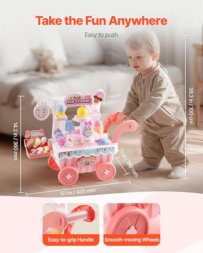VEVOR Ice Cream Cart for Kids, 27 PCS Accessories, Pretend Play Store with Storage Trolley with Pretend Money, Sound & Light Effects, Montessori Educational Ice Cream Truck Toys for Toddlers 3+ (Pink)