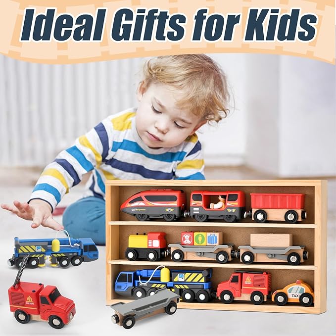 Electric Train Set Toys Wooden Magnetic Cars - Locomotive Auto Reverse/Park/Sound/Light, Gift for 3 4 5 6 Year Old Toddlers Kids Boys Truck Trains Toy, Compatible with Common Wooden Train Tracks