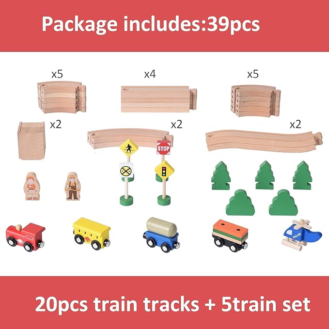 Wooden Train Set,39 Pcs-with All-Wood Train Tracks with Double Sided Wooden Tracks and Color Box for 3+ Year Old Boys and Girls Toddler-Fits Thomas Brio Melissa and Doug⦠(39PC)