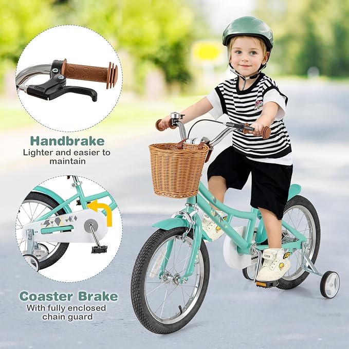 BABY JOY Retro Kids Bike, 12 14 16 18 Inch Child Bike for 3-8 Years Old w/Rattan Basket, Adjustable Height, Training Wheels, Fenders, Handbrake Coaster Brake, 95% Pre-Assembled Kids Bicycle for Girls