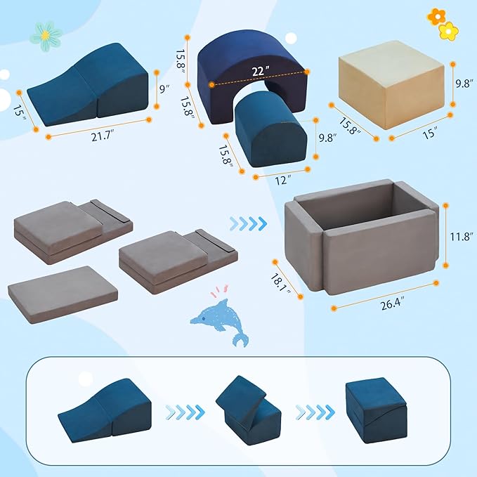 7 Pieces Climbing Toys and Blocks - Indoor Soft Foam Climber PlaySet for Toddlers, Kids, and Babies Ages 1-3 - Perfect for Crawling and Ball Pit Play