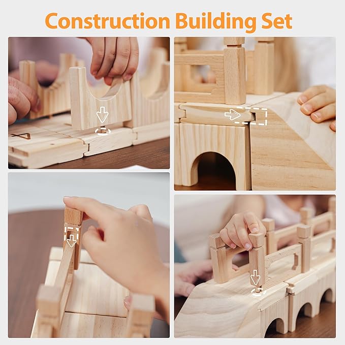 Wooden Building Blocks Set,48Pcs Construction Toys, Large-Bridge Set,Birdhouses, Castles, Dominoes and Other Open Stacking Blocks,Montessori Toys for Toddler 1-3 with Parent-Child Cards