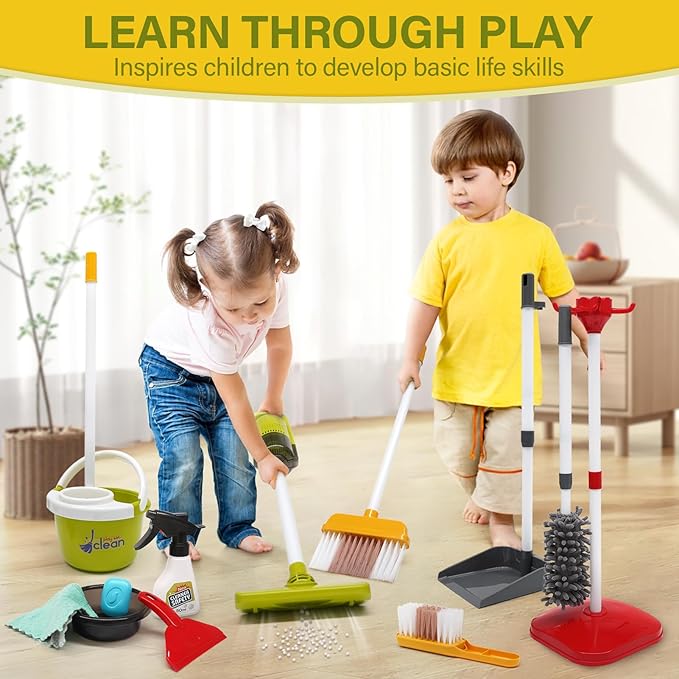 Dreamon Toddler Cleaning Set - 14Pcs Kids Cleaning Toy Set with 2-in-1 Kids Vacuum That Really Works, Pretend Home Cleaning Play Set for Toddler Age 3-7, Christmas Birthday Gift for Girls Boys