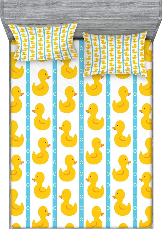 Ambesonne Rubber Duck Fitted Sheet & Pillow Sham Set, Duckies on Stripes and Small Circles Play Toys Pattern Print, Decorative Printed 2 Piece Bedding Decor Set, King, Blue Yellow
