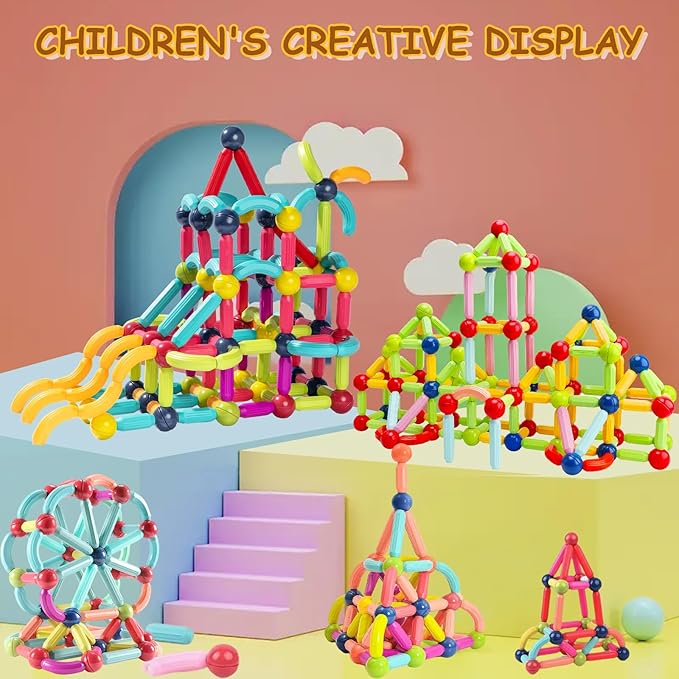 128Pcs Magnetic Blocks Kids Toys, Large Magnetic Building Sticks STEM Educational Sensory Toy Preschool Learning Montessori Toys for Toddlers Boys Girls Ages 3-8 with 2 Cars
