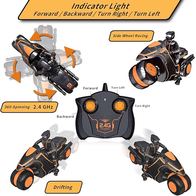 RC Motorcycle, RC Motorcycle 360° Spinning Wheels Stunt Motorbike - Rotating Drift 2WD High Speed Car Toys with Riding Figure - Gift for Kids Boys Girls 4-12 Years Old - Color May Vary