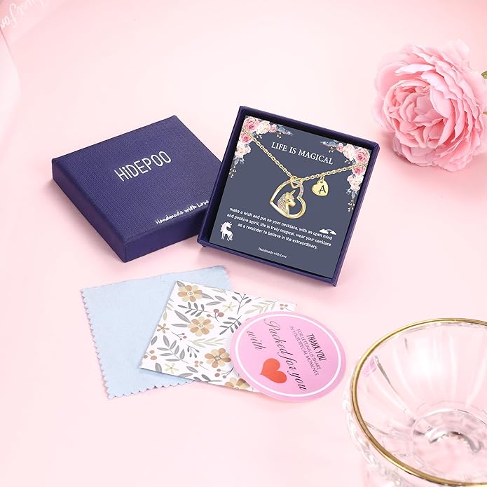 Hidepoo Stocking Stuffers for Teen Girls Kids - Colorful CZ Heart Pendant Initial Unicorn Necklaces for Girl Jewelry Birthday Gift Christmas Gifts for Grandkids Girls Kid