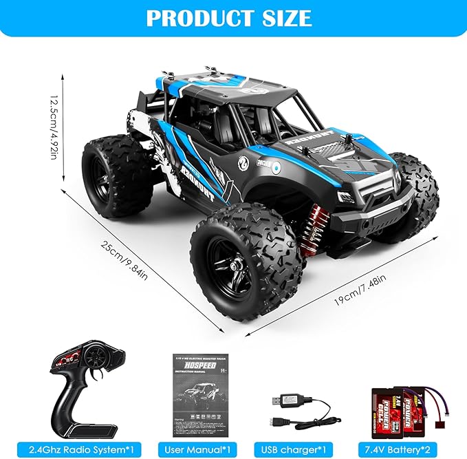 1:18 Scale RC Cars, 36 KM/H High Speed, 2.4 GHz Remote Control and 2 Rechargeable Batteries,4 Shock Absorbers, for Xmas (Blue)