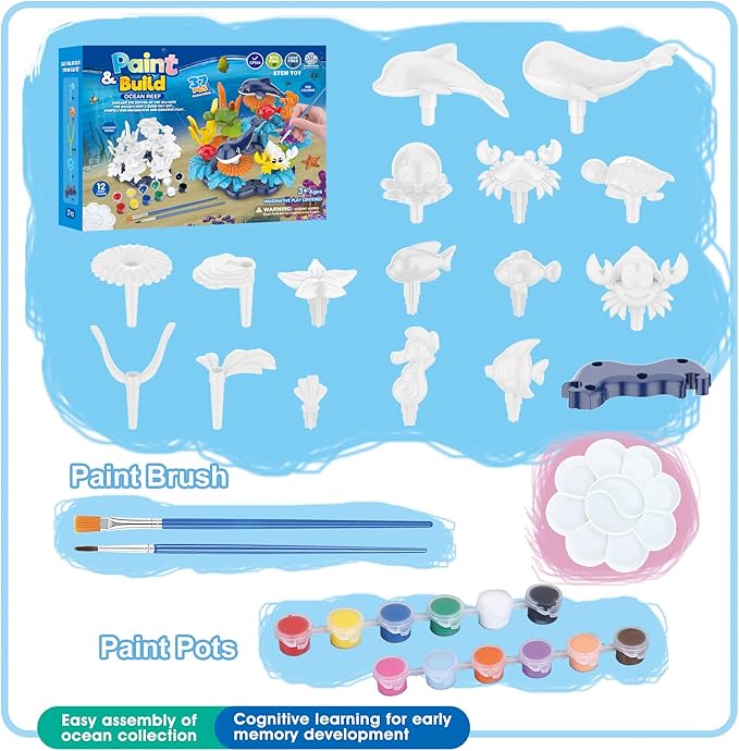 37 Pcs Water Washable Painting & Building Toy Set + 58 pcs Learning STEM Explorers Geomakers, Art and Craft Supplies Party Favors for Boys Girls Age 4 5 6 7 Years Old Kid Creativity