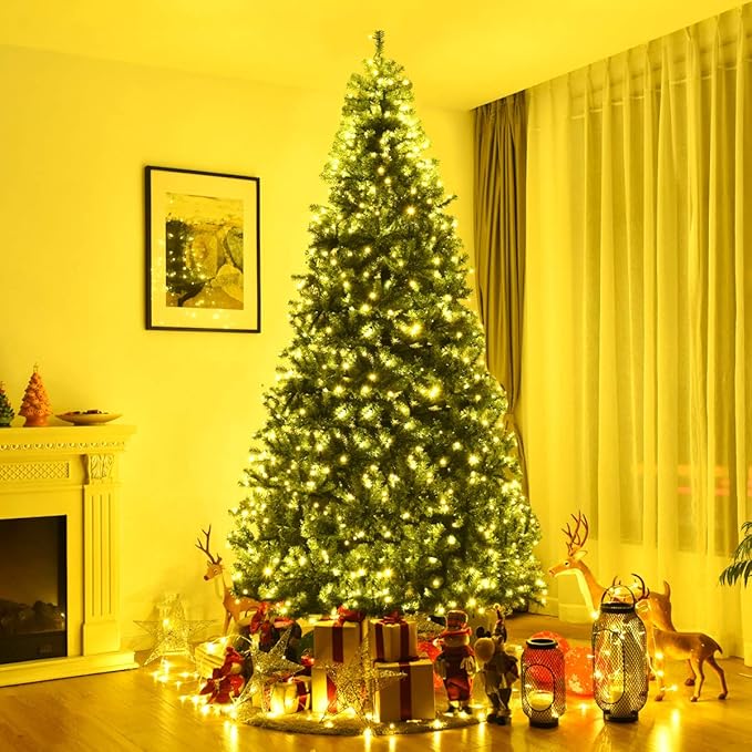 COSTWAY 8 FT Pre-lit Christmas Tree, Artificial Xmas Tree with 750 Warm White & Multicolored Lights, 11 Modes, 2128 Branch Tips, Metal Support, Holiday Decoration Fake Tree for Home, Office, Party