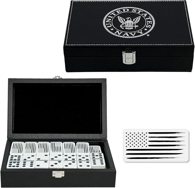 US Navy Double Nine Dominoes Set in Leather Box for Families and Kids Ages 8 and up - Play Chicken Foot, Mexican Train - Veteran Owned Business