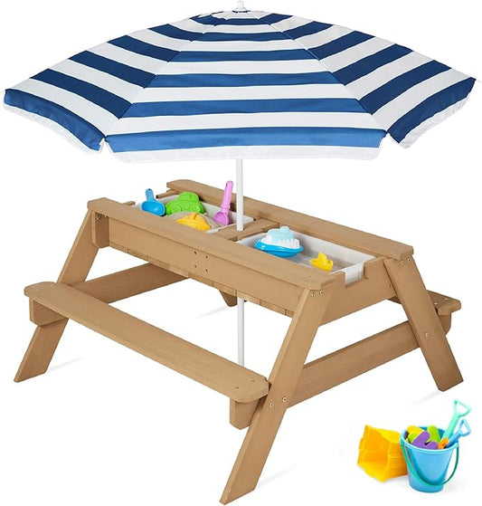 Best Choice Products Kids 3-in-1 Sand & Water Table, Wood Outdoor Convertible Picnic Table w/Umbrella, 2 Trays, Removable Top, 220lb Capacity Per Bench - Navy