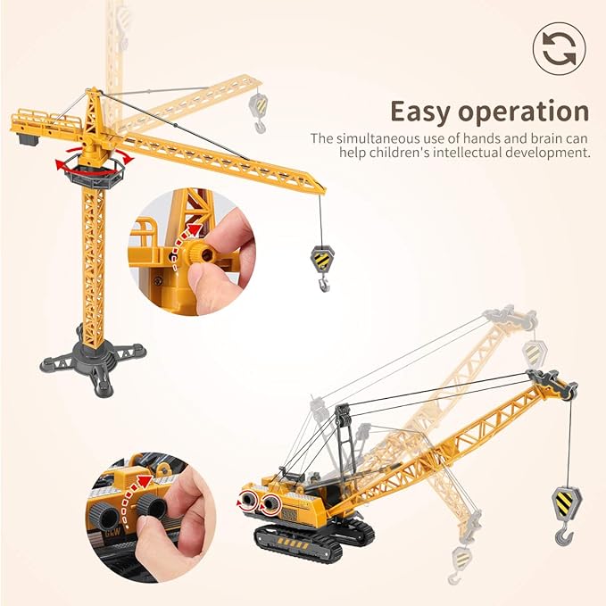 Geyiie Construction Truck Vehicles Toy with Metal Shovel Sand Toys, Large Construction Toys Crane, Interchangeable Excavator Snow Plow Forklift Tractor Toys Gifts