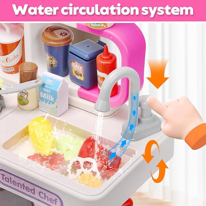 CUTE STONE Kids Kitchen Playset, Play Kitchen Set with Sound & Light, Cooking Stove with Steam, Toy Sink,Play Food Toy and Kitchen Accessories for Pretend Play, Kitchen Toy Set for Toddler Girls, Pink