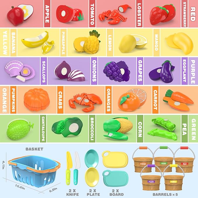 Sorting Play Food Sets - 5 Buckets with Handle, 1 Storage Basket, Cutting Fake Food Toys for Kids Kitchen, Pretend Play Accessories for Toddler, Preschool Learning Educational Birthday