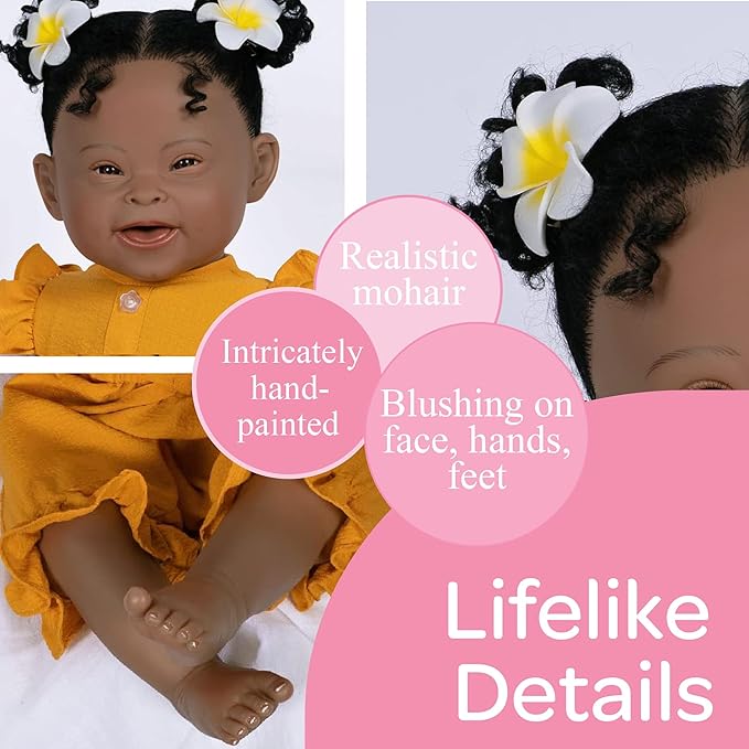 Paradise Galleries 21 Inch Realistic Reborn Baby Girl Doll with Down Syndrome Cute Mustard Yellow Dress Outfit and Accessories – Emma