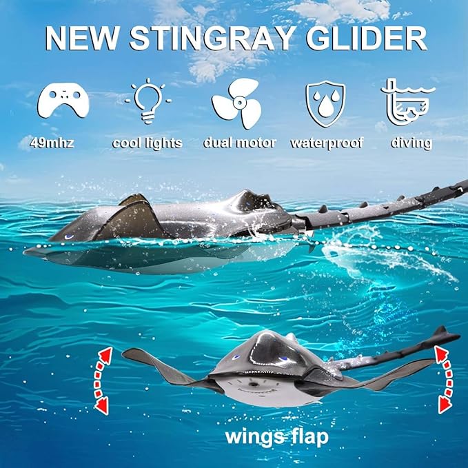 Pool Toys Remote Control Stingray Diving into Water High Simulation Robot Manta ray Lights Rechargeable Battery Remote Control Bathtub Summer Pool Toys Great Gift RC Boat for 8-12 Year Kids Black