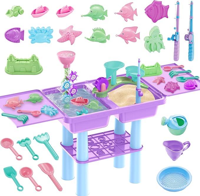 deAO Water Table for Toddlers 3-5, Kids Play Water 2 in 1 Sand and Water Table with 2 Fishing Pool Toys, Summer Outdoor Pool Backyard Toys,Birthday Party Gifts for Boys Girls (Purple)