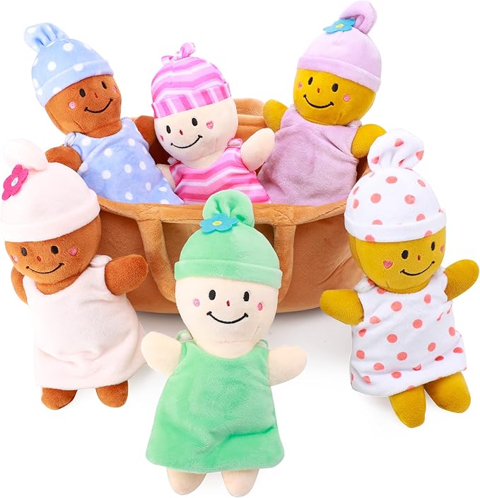 Basket Plush Baby Dolls Soft Multicultural Sensory Babies Toy Set 6 Piece Interchangeable Clothes Stuffed Plush Figures for All Ages Easter Gift