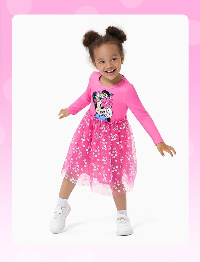 Disney Frozen Elsa Princess Cinderella Ariel Jasmine Rapunzel Baby/Toddler Dress, Ruffle Long-Sleeve Mesh Overlay Tulle Dress