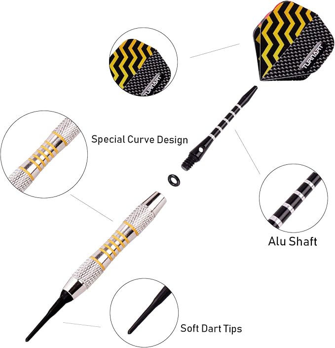 Turnart Darts Plastic Tip - Professional Soft Tip Darts Set for Electronic Dartboard 9 Pcs 18 Grams with 50 Extra Tips 9 Shafts 27 Flights Tool Kit Flight Protectors and Gift Darts Case