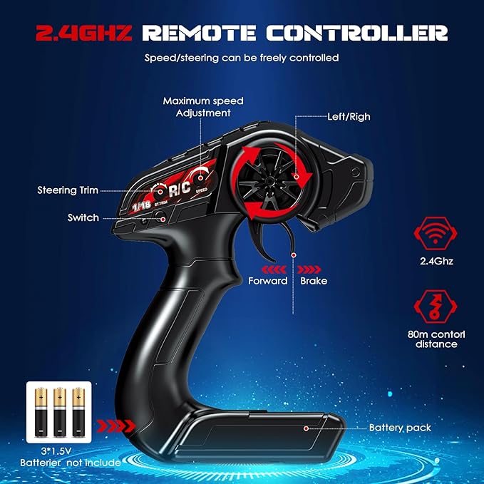 1:18 Scale RC Cars, 36 KM/H High Speed, 2.4 GHz Remote Control and 2 Rechargeable Batteries,4 Shock Absorbers, for Xmas (Red)