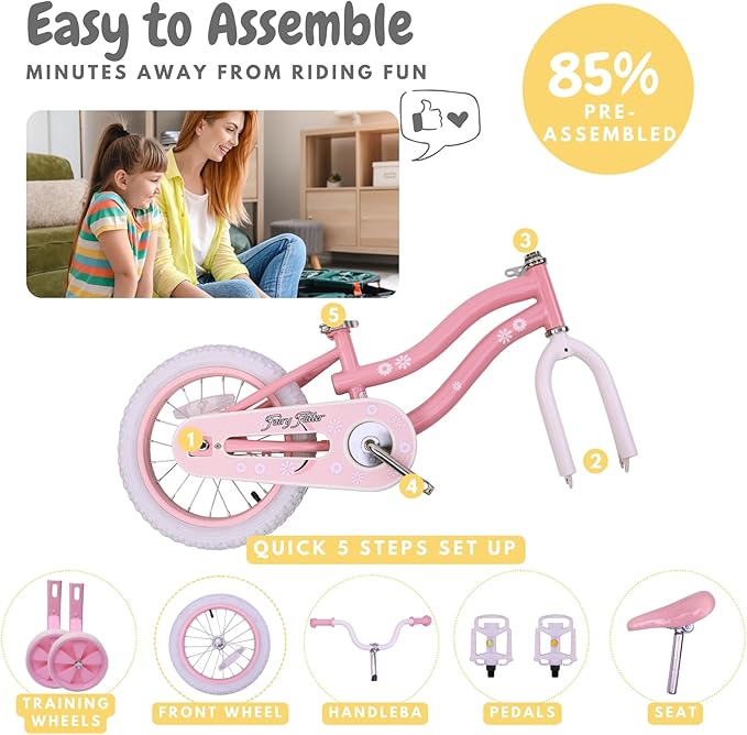Girls Bike for Kids 3-5, Kids Bike with Training Wheels, Basket, Coaster Brake, Streamers, 16 inch Pink Pedal Bike for Kids, Birthday Gift
