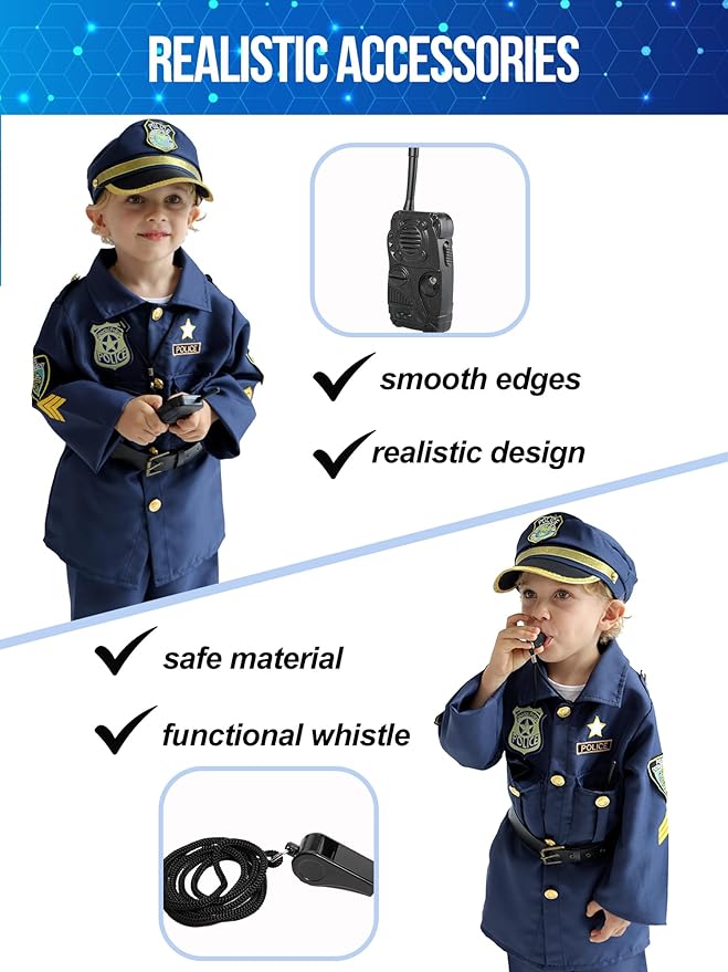 Police Officer Costume for Kids, Cop Toys with Policeman Uniform, Hat, Whistle, Toddler Dress Up for Christmas Party, Boys Girls Birthday Gift