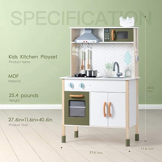 ROBUD Wooden Play Kitchen Set for Kids Toddlers, Pretend Toys Kitchen Gift for Girls Boys