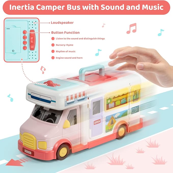 Marstone Doll House Toys for Girls 3 4 5 6 7 8+ Year Old, Transformable Dream Camper House with Little People, Pretend Play RV Set Dollhouse Inertia Vehicle with Sound and Music for Birthday Gifts 3+