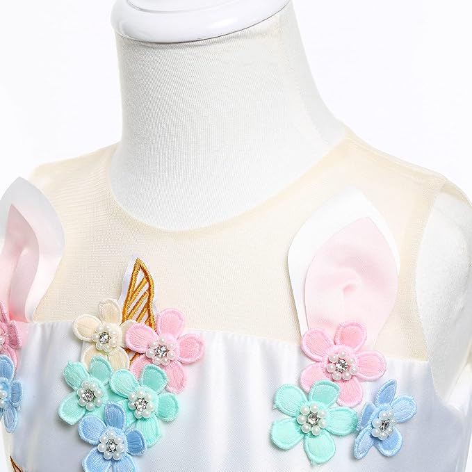 Unicorn Dress for Girls Unicorn Costume Pageant Princess Party Birthday Long Gown with Unicorn Headband & Necklace