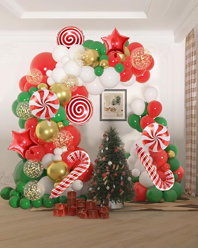 NeoVita Christmas Balloons Garland Arch Kit, 133PCS Red Green White Xmas Balloons Different Sizes 18 12 5 Inch with Candy,Cane,Star Foil Balloons for Christmas Party Decorations Indoor