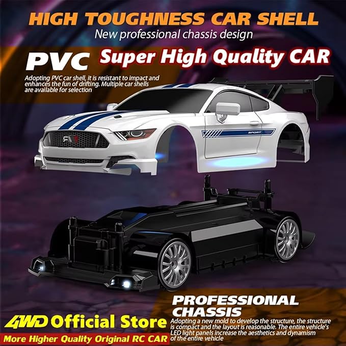 1:24 Scale RC Drift Car 4WD 2.4GHz 30KM/H High Speed Racing Sport Toy Car with LED Lights, Racing and Drift Wheels (8607-White)