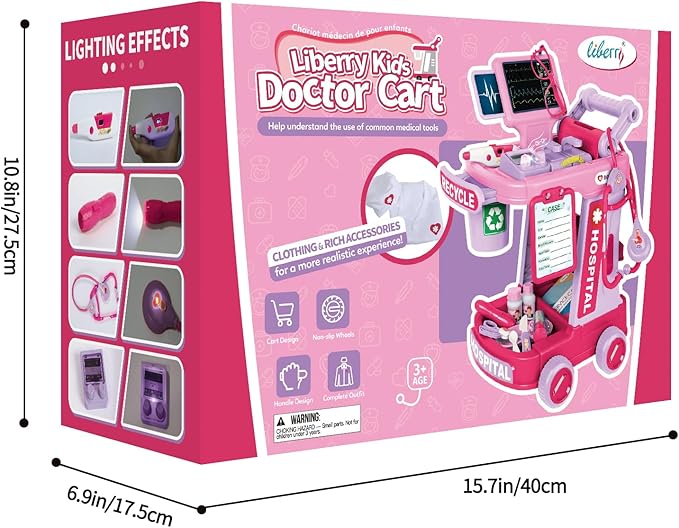 Liberry Doctor Kit for Toddlers Aged 2 3 4 5, Pretend Doctor Play Set for Kids with Cart, Costume and Stethoscope, Role Play Medical Toys for Girls Boys(Pink)